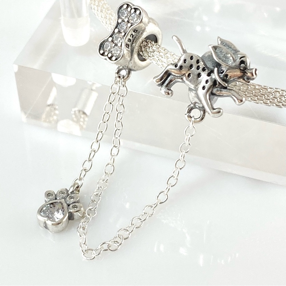 Sterling Silver Dalmatian Puppy Dog, Paw and Bone Safety Chain Charm